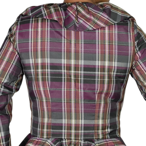 Boston Proper Peplum Ruffle Blouse Purple Plaid Tartan Shirt Check Top Small - Picture 5 of 12